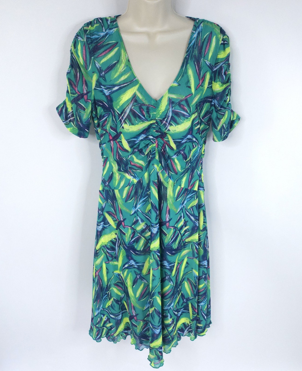 Iman Womens Dress Large Petite Blue Green Short Sleeve V Neck Reversible Stretch